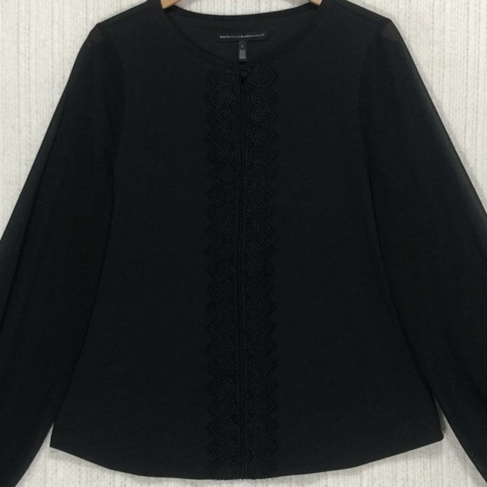White House Black Market Black Lace Front Sheer Sleeve Blouse Large L